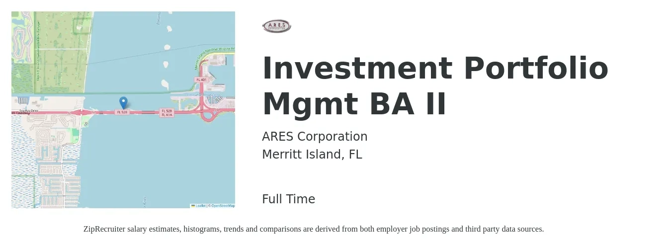 ARES Corporation job posting for a Investment Portfolio Mgmt BA II in Merritt Island, FL with a salary of $67,800 to $98,300 Yearly with a map of Merritt Island location.