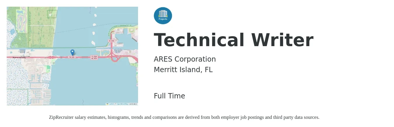 ARES Corporation job posting for a Technical Writer in Merritt Island, FL with a salary of $27 to $44 Hourly with a map of Merritt Island location.