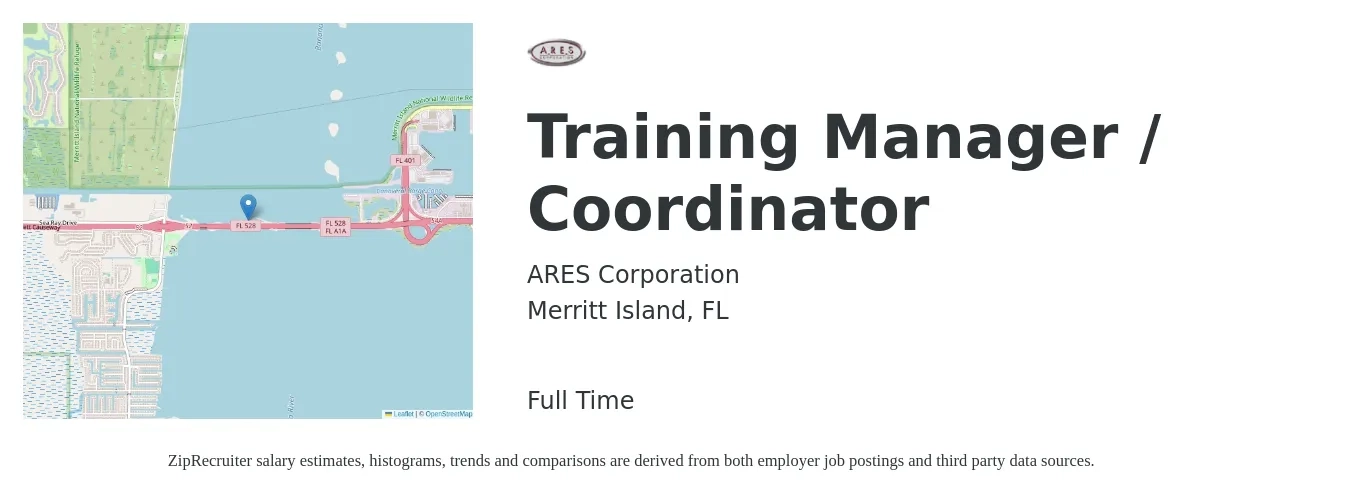ARES Corporation job posting for a Training Manager / Coordinator in Merritt Island, FL with a salary of $21 to $30 Hourly with a map of Merritt Island location.