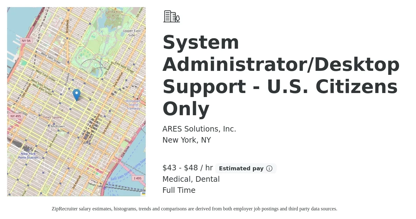 ARES Solutions, Inc. job posting for a System Administrator/Desktop Support - U.S. Citizens Only in New York, NY with a salary of $45 to $50 Hourly and benefits including dental, and medical with a map of New York location.