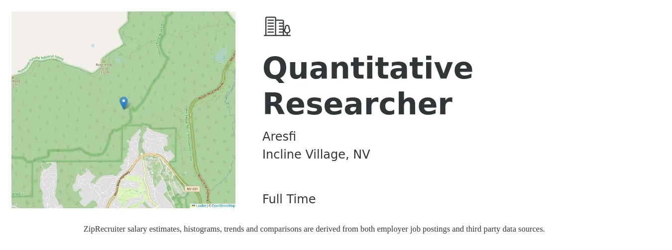 Aresfi job posting for a Quantitative Researcher in Incline Village, NV with a salary of $83,200 to $161,600 Yearly with a map of Incline Village location.