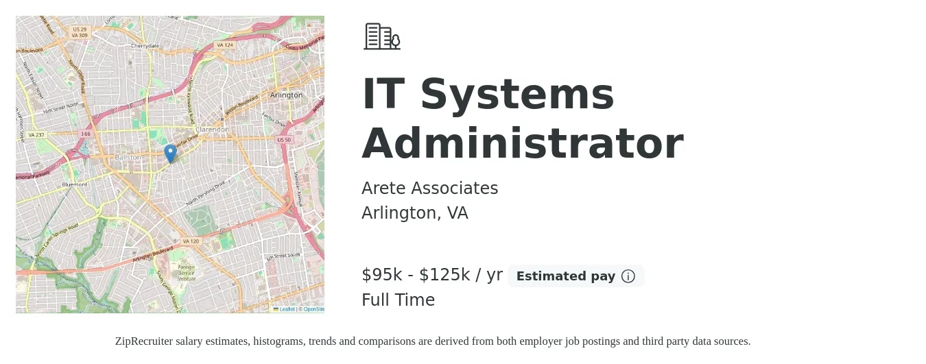 Arete Associates job posting for a IT Systems Administrator in Arlington, VA with a salary of $95,000 to $125,000 Yearly with a map of Arlington location.