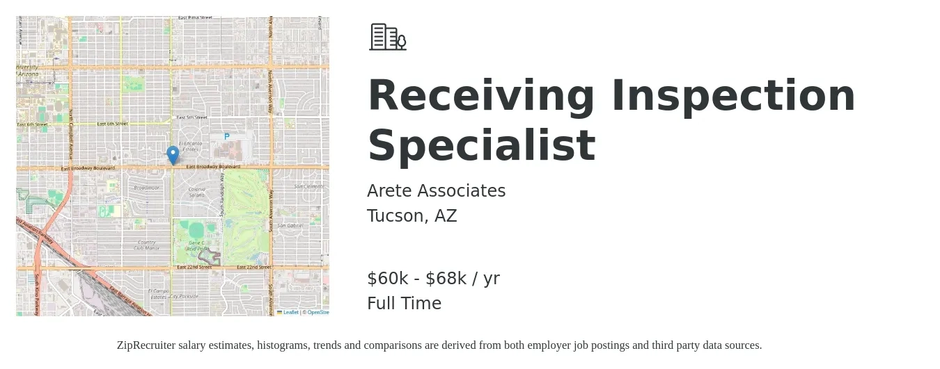 Arete Associates job posting for a Receiving Inspection Specialist in Tucson, AZ with a salary of $60,000 to $68,000 Yearly with a map of Tucson location.