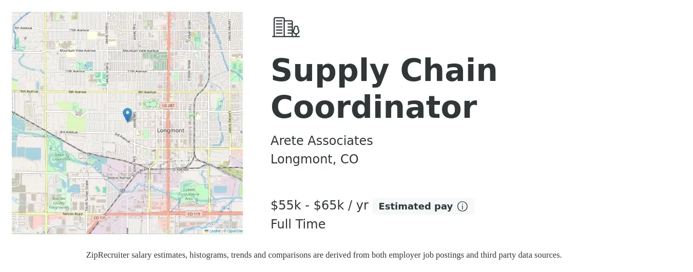 Arete Associates job posting for a Supply Chain Coordinator in Longmont, CO with a salary of $55,000 to $65,000 Yearly with a map of Longmont location.