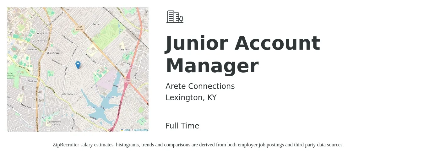 Arete Connections job posting for a Junior Account Manager in Lexington, KY with a salary of $35,500 to $48,100 Yearly with a map of Lexington location.