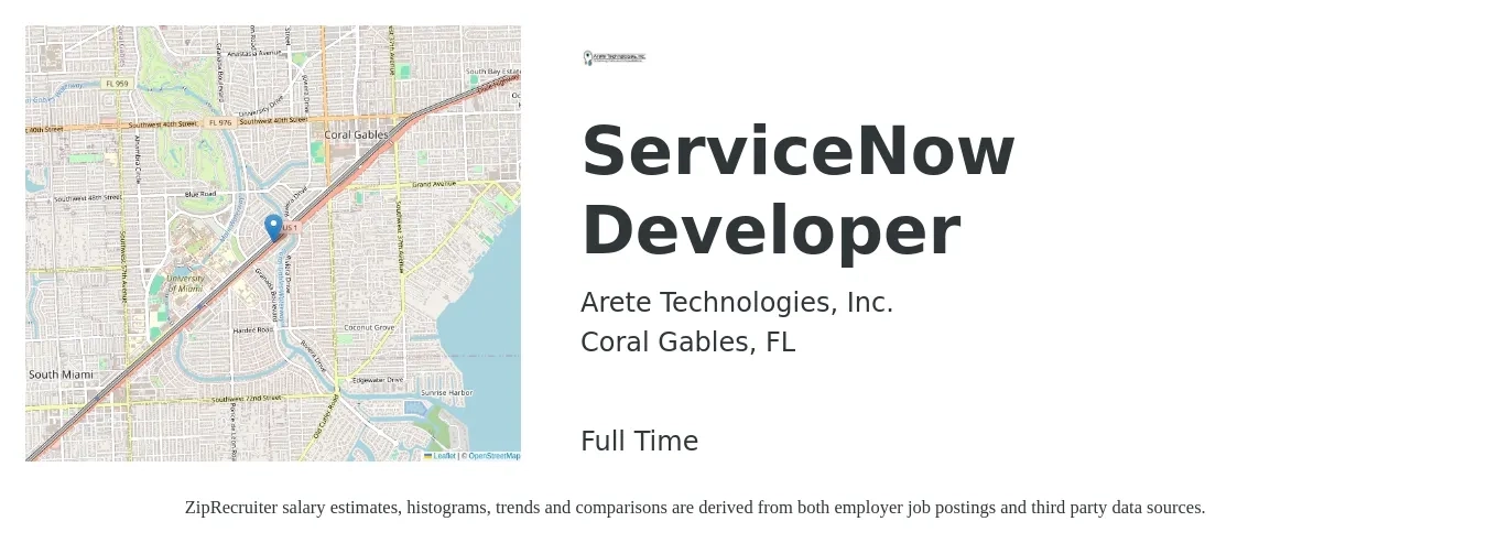 Arete Technologies, Inc. job posting for a ServiceNow Developer in Coral Gables, FL with a salary of $51 to $70 Hourly with a map of Coral Gables location.