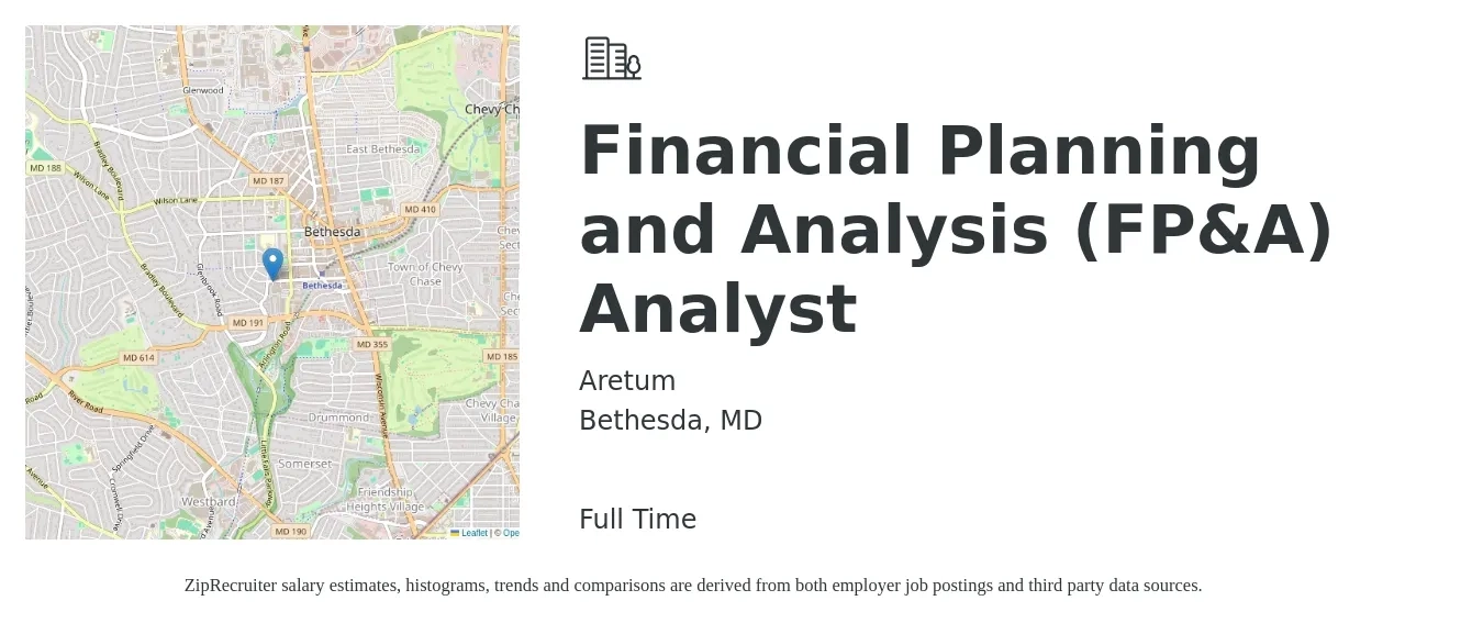Aretum job posting for a Financial Planning and Analysis (FP&A) Analyst in Bethesda, MD with a salary of $74,900 to $118,300 Yearly with a map of Bethesda location.
