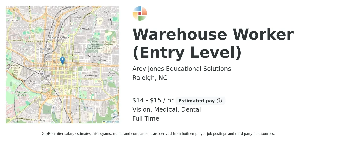 Arey Jones Educational Solutions job posting for a Warehouse Worker (Entry Level) in Raleigh, NC with a salary of $16 to $16 Hourly and benefits including pto, retirement, vision, dental, and medical with a map of Raleigh location.