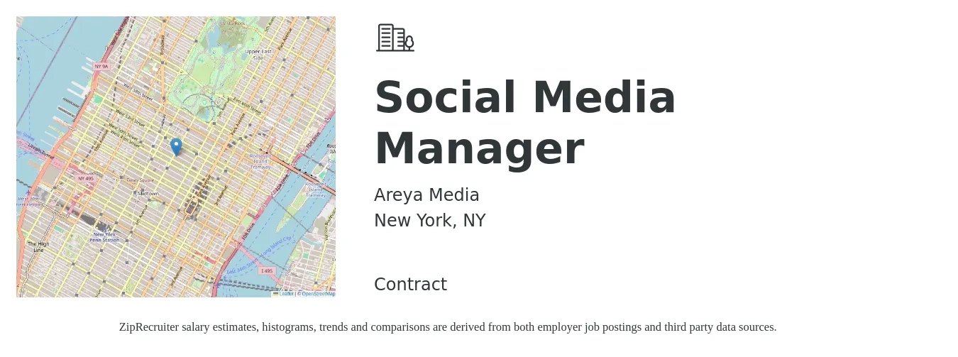 Areya Media job posting for a Social Media Manager in New York, NY with a salary of $5,400 Monthly with a map of New York location.