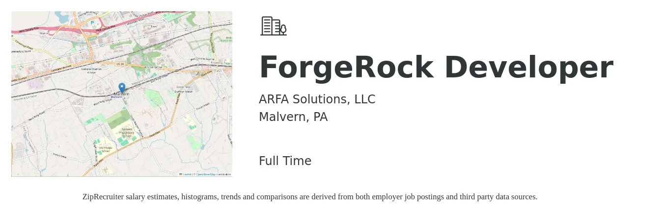 ARFA Solutions, LLC job posting for a ForgeRock Developer in Malvern, PA with a salary of $56 to $70 Hourly with a map of Malvern location.