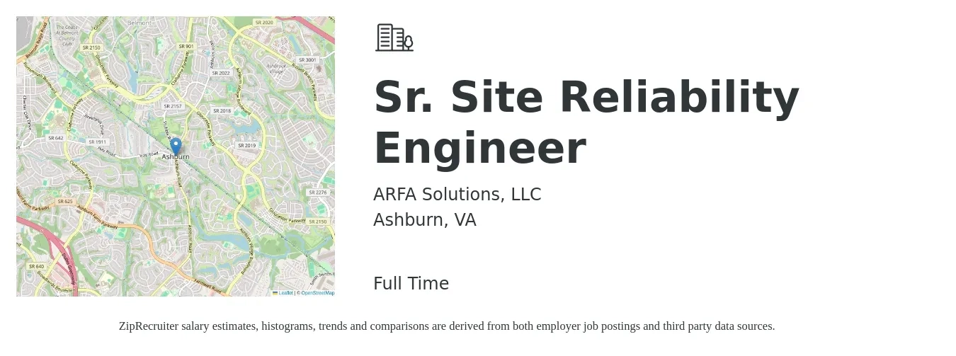 ARFA Solutions, LLC job posting for a Sr. Site Reliability Engineer in Ashburn, VA with a salary of $58 to $78 Hourly with a map of Ashburn location.