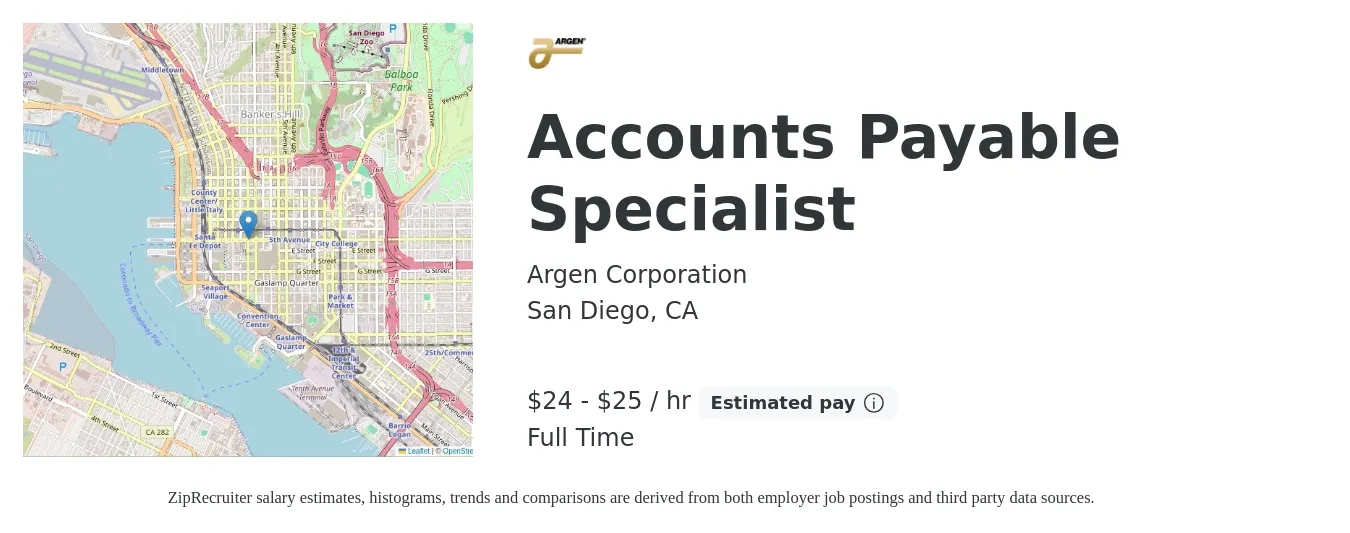 Argen Corporation job posting for a Accounts Payable Specialist in San Diego, CA with a salary of $25 to $27 Hourly with a map of San Diego location.