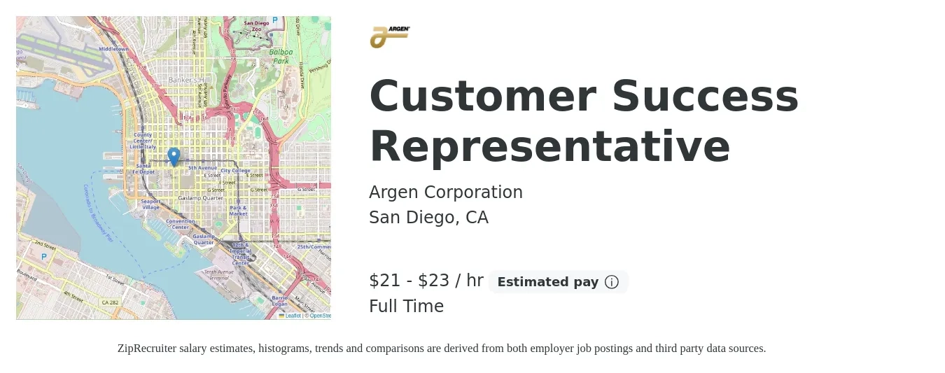 Argen Corporation job posting for a Customer Success Representative in San Diego, CA with a salary of $22 to $24 Hourly with a map of San Diego location.