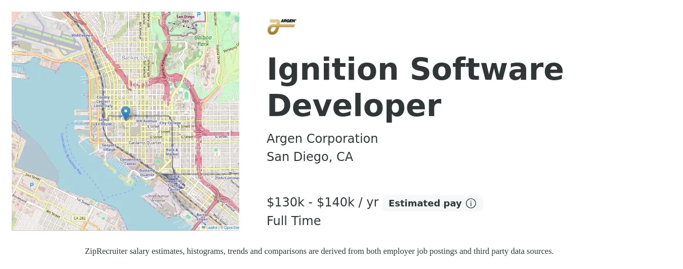 Argen Corporation job posting for a Ignition Software Developer in San Diego, CA with a salary of $130,000 to $140,000 Yearly with a map of San Diego location.