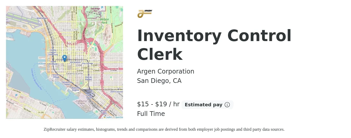 Argen Corporation job posting for a Inventory Control Clerk in San Diego, CA with a salary of $16 to $20 Hourly with a map of San Diego location.