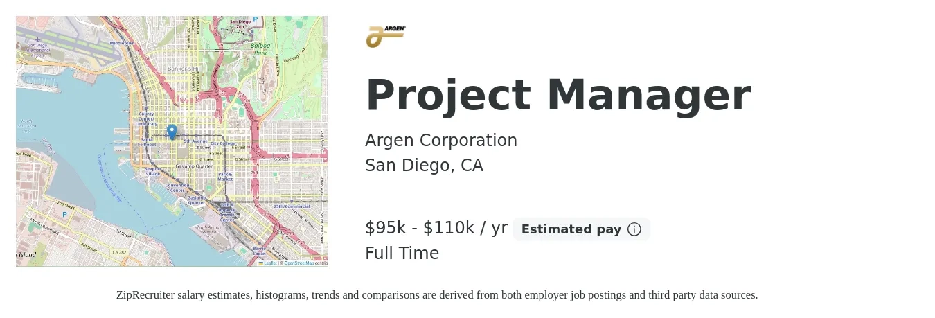 Argen Corporation job posting for a Project Manager in San Diego, CA with a salary of $95,000 to $110,000 Yearly with a map of San Diego location.