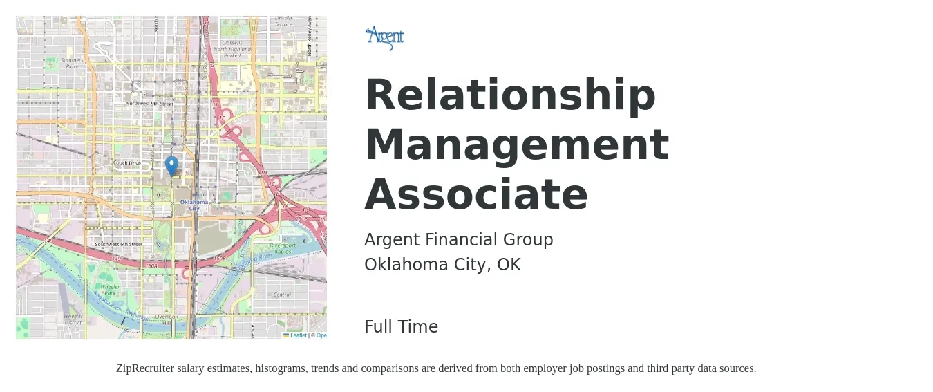 Argent Financial Group job posting for a Relationship Management Associate in Oklahoma City, OK with a salary of $37,100 to $46,400 Yearly with a map of Oklahoma City location.