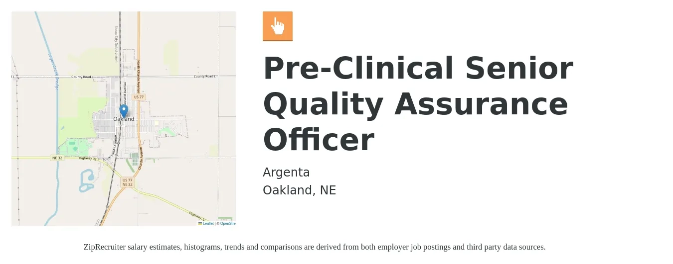 Argenta job posting for a Pre-Clinical Senior Quality Assurance Officer in Oakland, NE with a salary of $91,400 to $139,600 Yearly with a map of Oakland location.