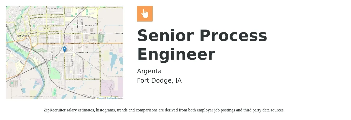 Argenta job posting for a Senior Process Engineer in Fort Dodge, IA with a salary of $100,700 to $130,200 Yearly with a map of Fort Dodge location.