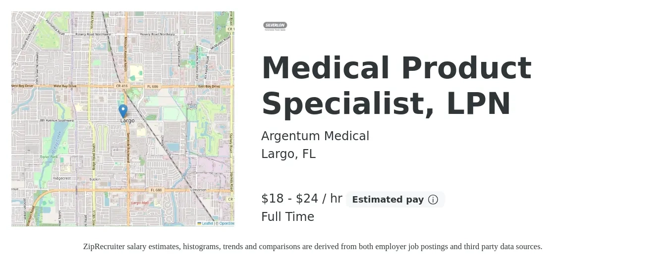 Argentum Medical job posting for a Medical Product Specialist, LPN in Largo, FL with a salary of $19 to $25 Hourly with a map of Largo location.