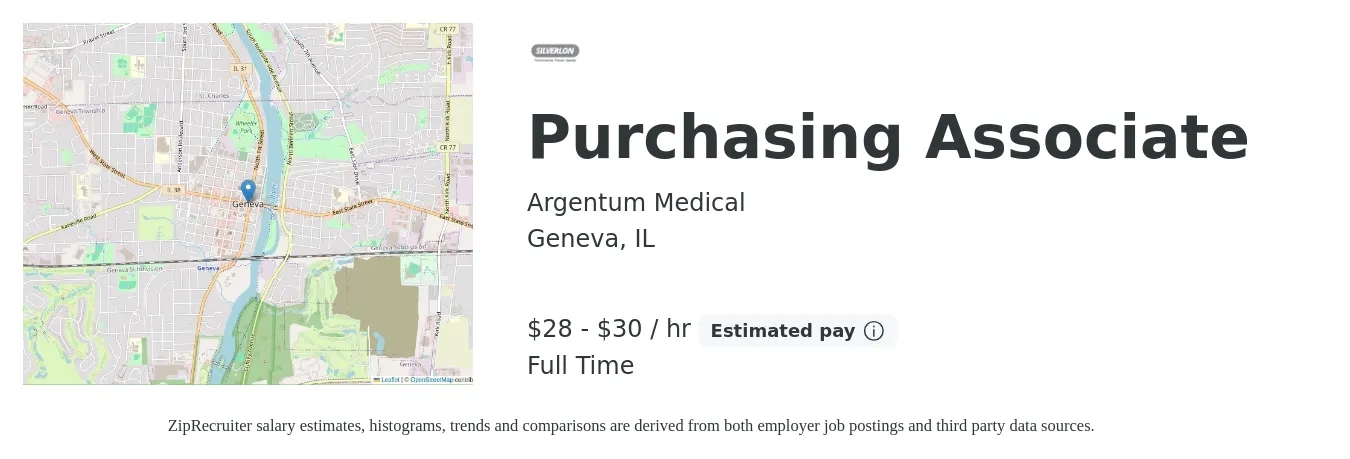 Argentum Medical job posting for a Purchasing Associate in Geneva, IL with a salary of $30 to $32 Hourly with a map of Geneva location.