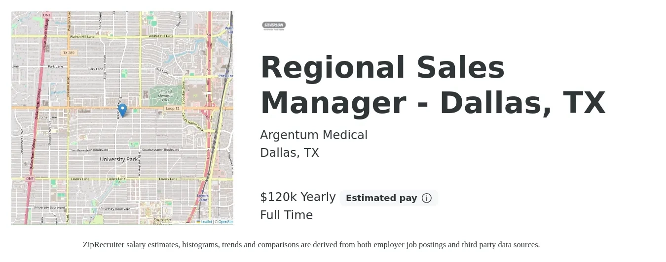 Argentum Medical job posting for a Regional Sales Manager - Dallas, TX in Dallas, TX with a salary of $120,000 Yearly with a map of Dallas location.