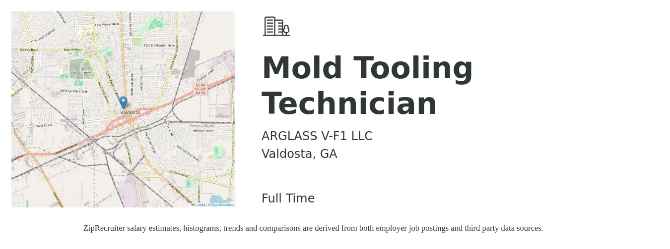 ARGLASS V-F1 LLC job posting for a Mold Tooling Technician in Valdosta, GA with a salary of $16 to $21 Hourly with a map of Valdosta location.