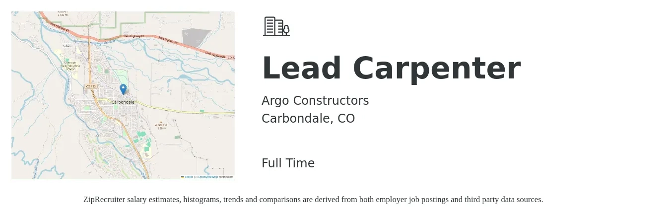 Argo Constructors job posting for a Lead Carpenter in Carbondale, CO with a salary of $23 to $32 Hourly with a map of Carbondale location.