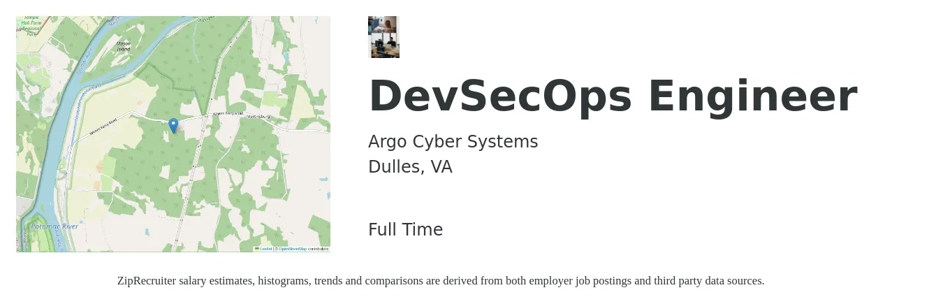 Argo Cyber Systems job posting for a DevSecOps Engineer in Dulles, VA with a salary of $114,800 to $158,400 Yearly with a map of Dulles location.
