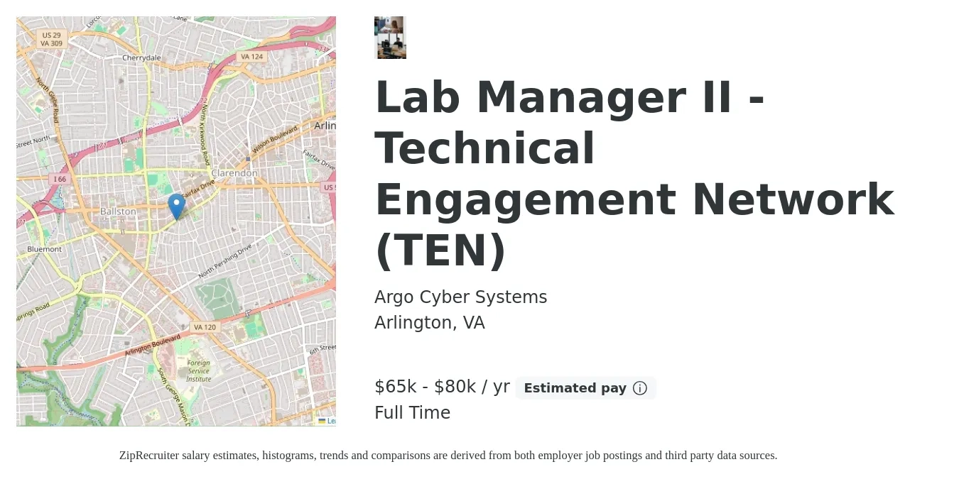 Argo Cyber Systems job posting for a Lab Manager II - Technical Engagement Network (TEN) in Arlington, VA with a salary of $65,000 to $80,000 Yearly with a map of Arlington location.