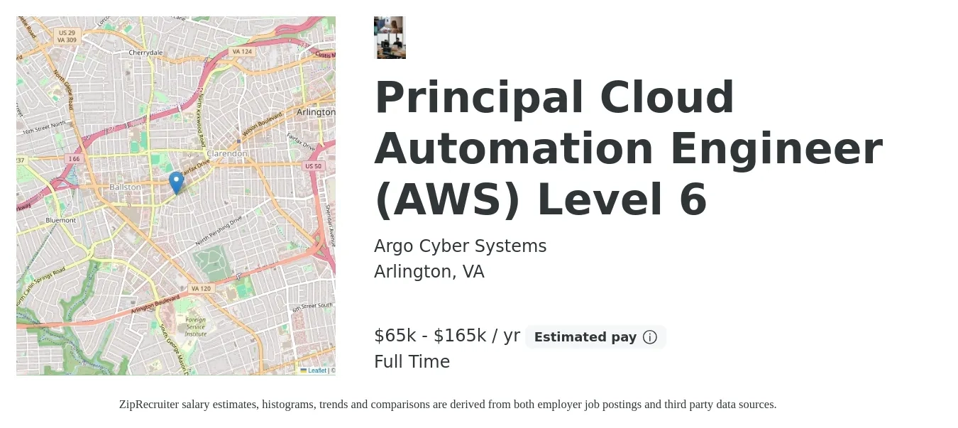 Argo Cyber Systems job posting for a Principal Cloud Automation Engineer (AWS) Level 6 in Arlington, VA with a salary of $65,000 to $165,000 Yearly with a map of Arlington location.