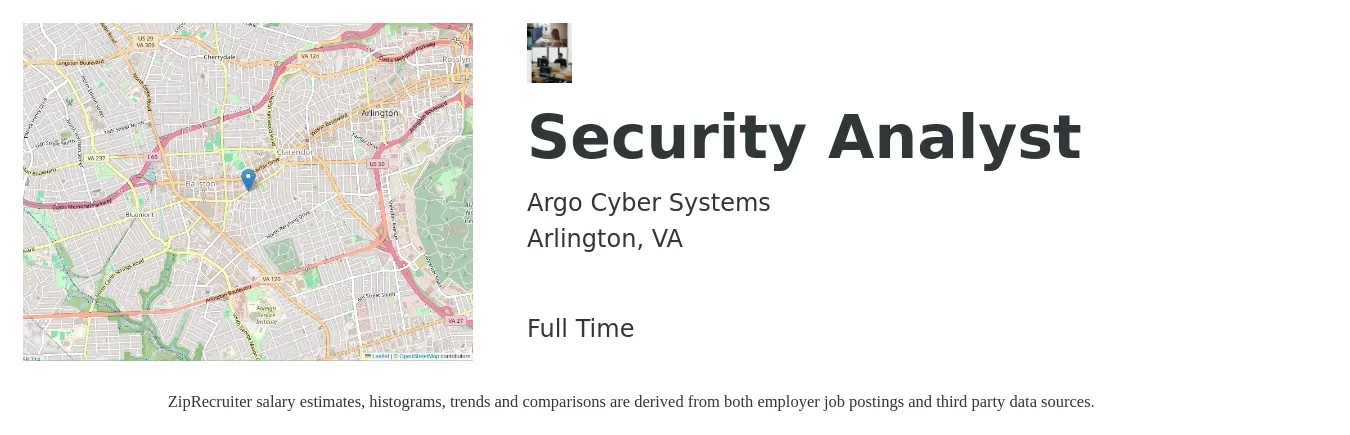 Argo Cyber Systems job posting for a Security Analyst in Arlington, VA with a salary of $105,300 to $149,600 Yearly with a map of Arlington location.