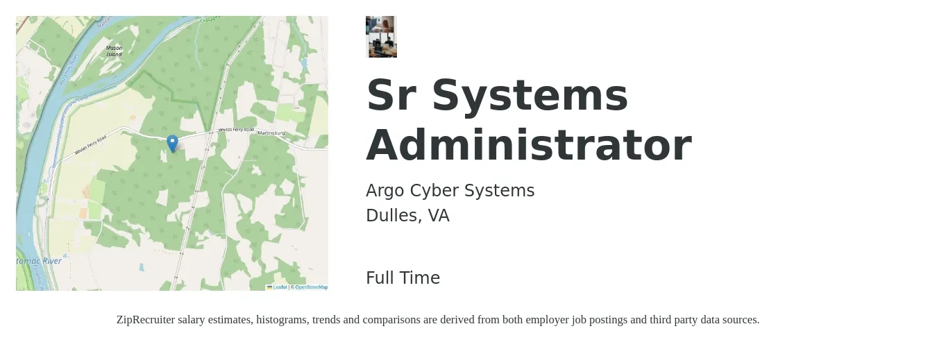 Argo Cyber Systems job posting for a Sr Systems Administrator in Dulles, VA with a salary of $85,100 to $115,300 Yearly with a map of Dulles location.