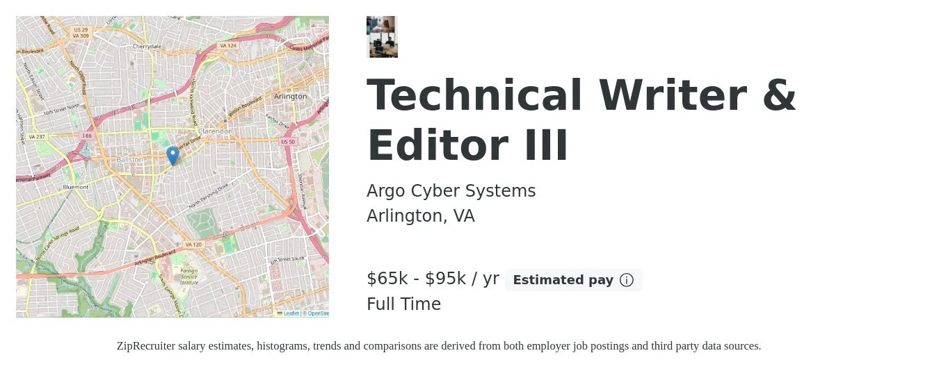 Argo Cyber Systems job posting for a Technical Writer & Editor III in Arlington, VA with a salary of $65,000 to $95,000 Yearly with a map of Arlington location.