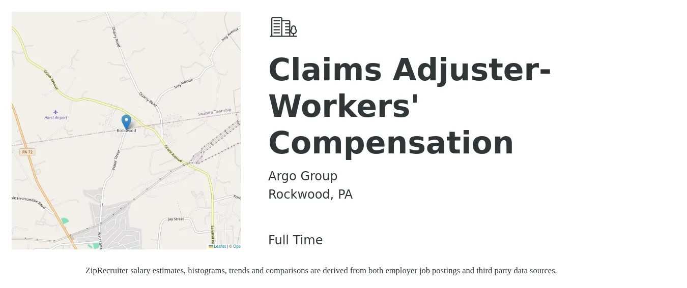 Argo Group job posting for a Claims Adjuster- Workers' Compensation in Rockwood, PA with a salary of $66,500 to $86,100 Yearly with a map of Rockwood location.