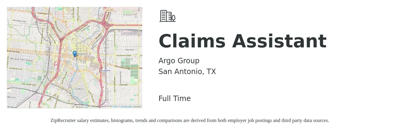 Argo Group job posting for a Claims Assistant in San Antonio, TX with a salary of $17 to $22 Hourly with a map of San Antonio location.