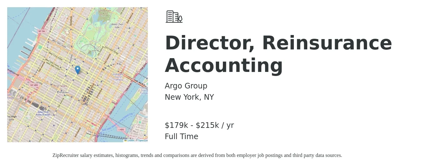 Argo Group job posting for a Director, Reinsurance Accounting in New York, NY with a salary of $179,300 to $215,200 Yearly with a map of New York location.