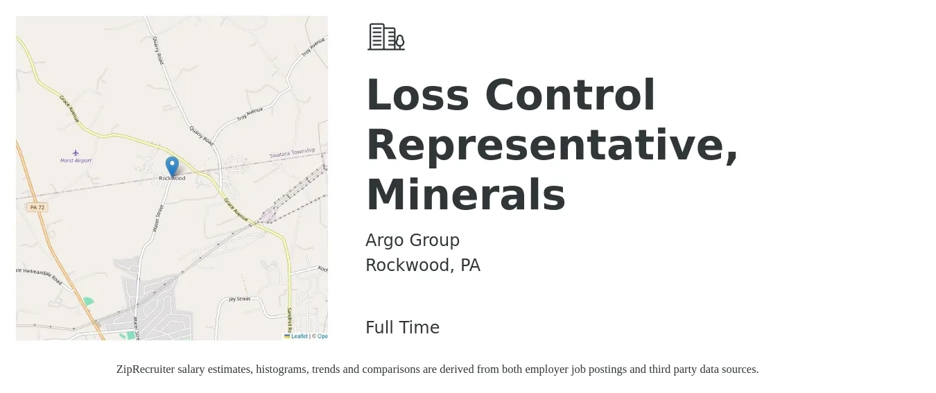 Argo Group job posting for a Loss Control Representative, Minerals in Rockwood, PA with a salary of $78,500 to $85,100 Yearly with a map of Rockwood location.