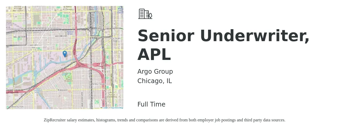 Argo Group job posting for a Senior Underwriter, APL in Chicago, IL with a salary of $101,500 to $120,000 Yearly with a map of Chicago location.
