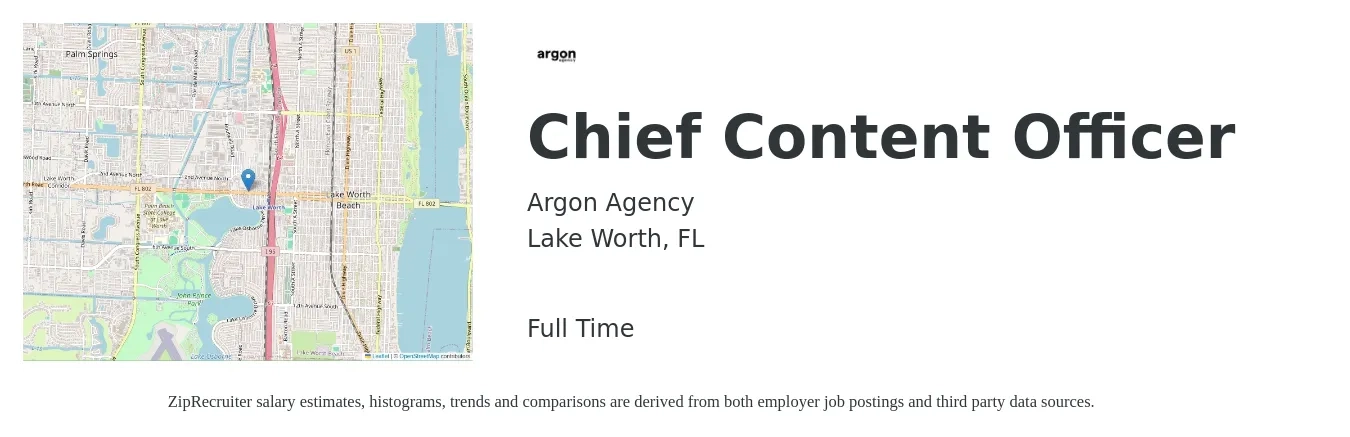 Argon Agency job posting for a Chief Content Officer in Lake Worth, FL with a salary of $75,000 to $125,000 Yearly with a map of Lake Worth location.