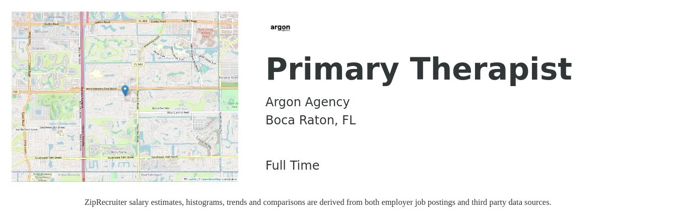 Argon Agency job posting for a Primary Therapist in Boca Raton, FL with a salary of $53,200 to $75,500 Yearly with a map of Boca Raton location.