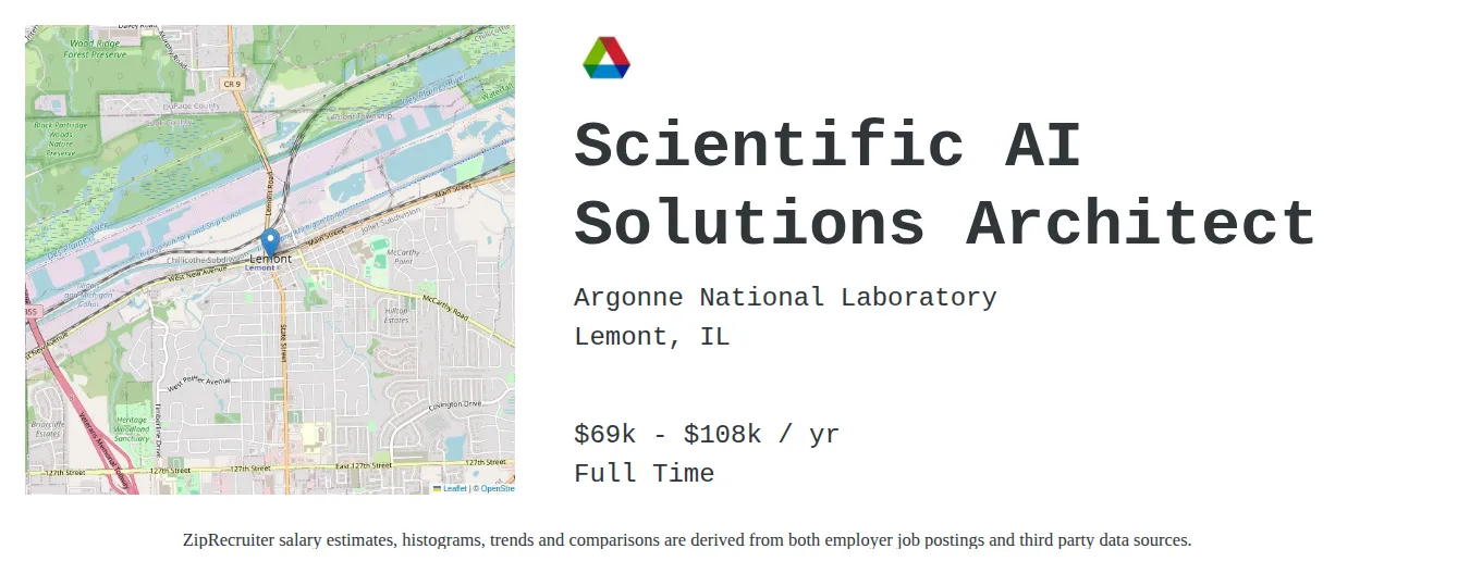 Argonne National Laboratory job posting for a Scientific AI Solutions Architect in Lemont, IL with a salary of $69,750 to $108,810 Annually with a map of Lemont location.