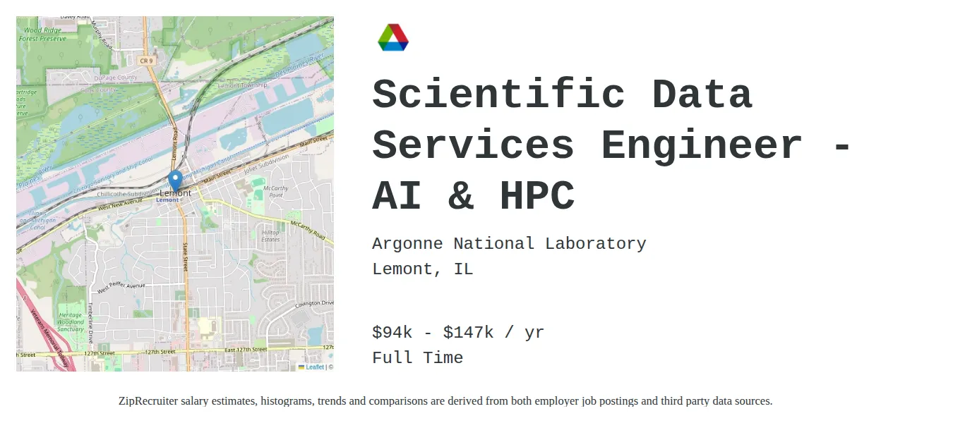 Argonne National Laboratory job posting for a Scientific Data Services Engineer - AI & HPC in Lemont, IL with a salary of $94,486 to $147,399 Annually with a map of Lemont location.