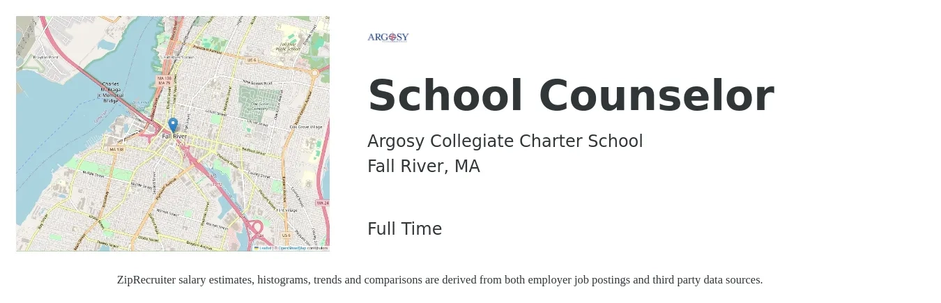 Argosy Collegiate Charter School job posting for a School Counselor in Fall River, MA with a salary of $48,200 to $69,800 Yearly with a map of Fall River location.