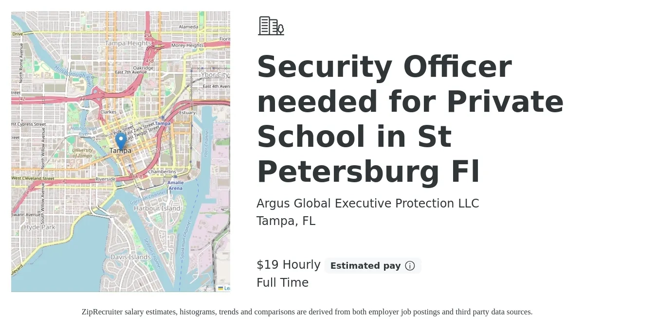 Argus Global Executive Protection LLC job posting for a Security Officer needed for Private School in St Petersburg Fl in Tampa, FL with a salary of $20 Hourly with a map of Tampa location.