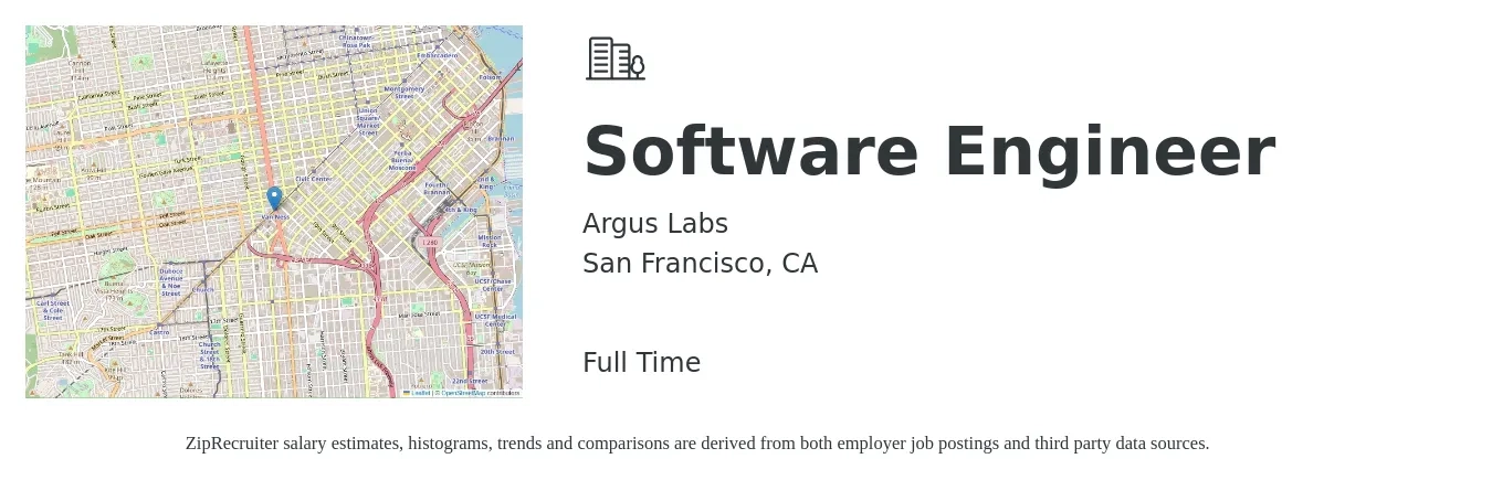 Argus Labs job posting for a Software Engineer in San Francisco, CA with a salary of $141,400 to $203,800 Yearly with a map of San Francisco location.