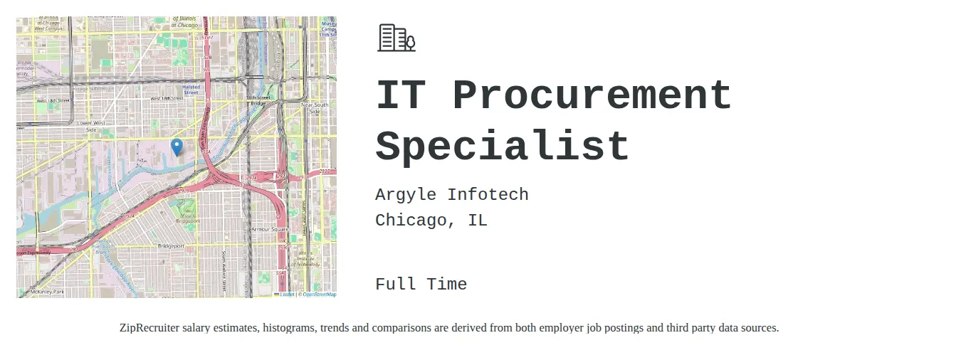 Argyle Infotech job posting for a " IT Procurement Specialist " in Chicago, IL with a salary of $26 to $39 Hourly with a map of Chicago location.
