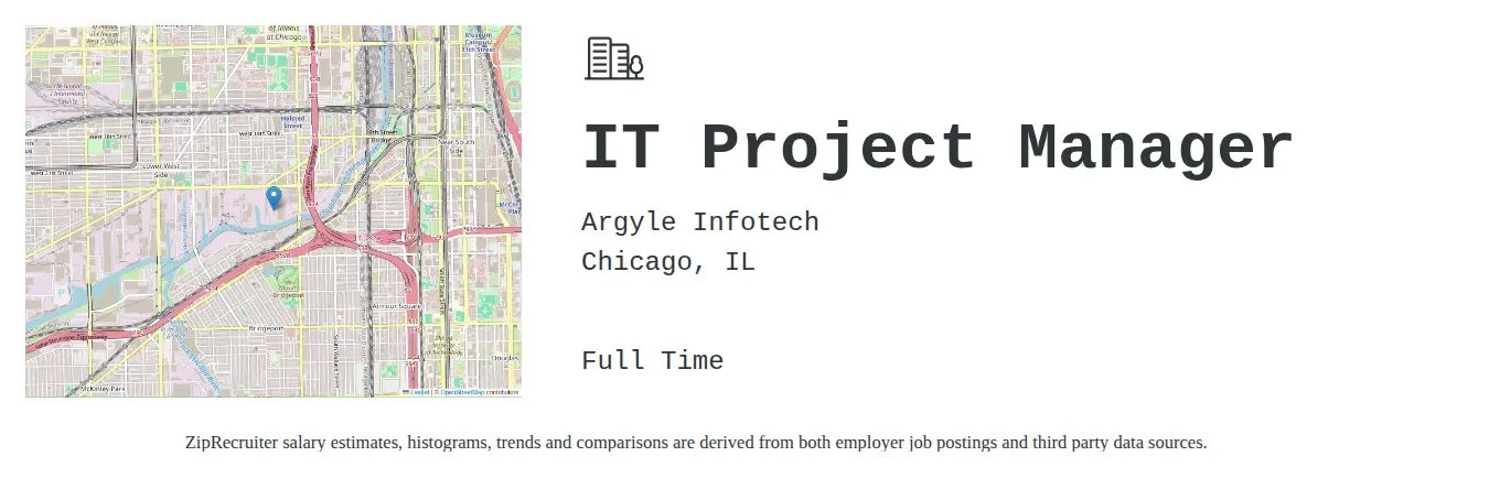 Argyle Infotech job posting for a IT Project Manager in Chicago, IL with a salary of $101,500 to $120,000 Annually with a map of Chicago location.