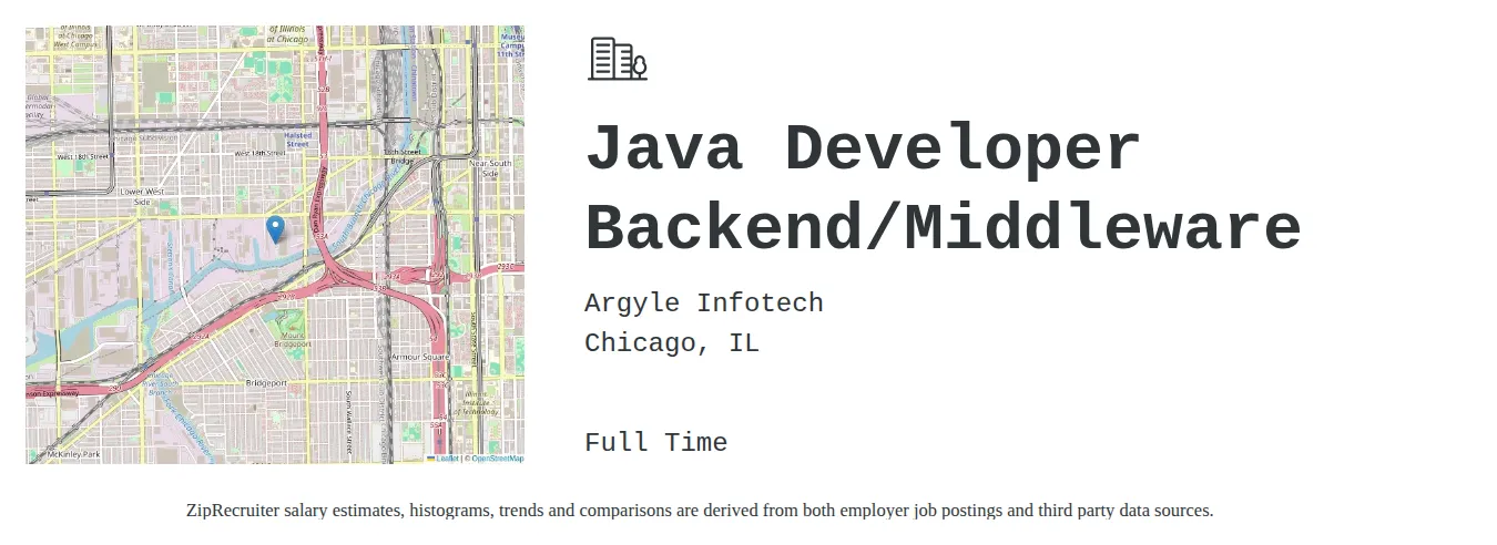 Argyle Infotech job posting for a Java Developer Backend/Middleware in Chicago, IL with a salary of $52 to $68 Hourly with a map of Chicago location.