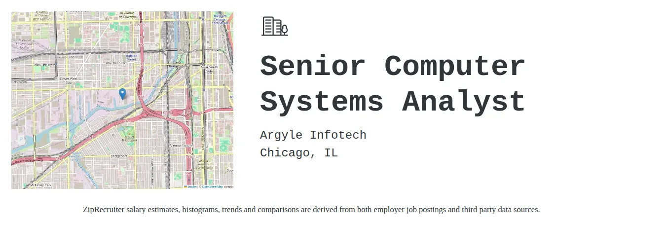 Argyle Infotech job posting for a Senior Computer Systems Analyst in Chicago, IL with a salary of $88,100 to $129,400 Annually with a map of Chicago location.